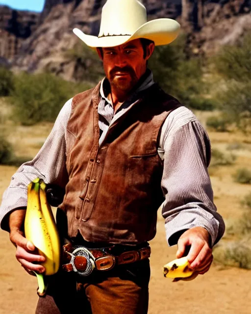 Image similar to A cowboy holding a banana, wild west duel, cinematic