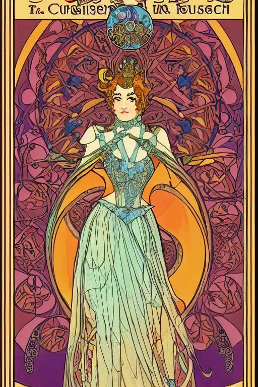 Image similar to full length painting of princess - peach!!!!!!! art nouveau, tarot card by mucha, gaudy colors, sharp edges, intricate line - work.