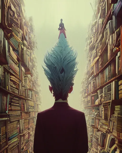 Image similar to highly detailed surreal vfx portrait of a villain in a castle of books, stephen bliss, unreal engine, greg rutkowski, loish, rhads, beeple, makoto shinkai and lois van baarle, ilya kuvshinov, rossdraws, tom bagshaw, alphonse mucha, global illumination, detailed and intricate environment