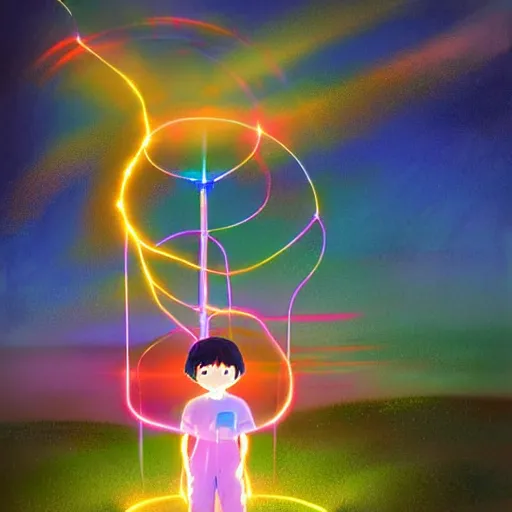 Image similar to a magic machine connected to a boy with a helmet and electric cable with colorfull rays of light illuminate the environment by vanessa morales, studio ghibli,