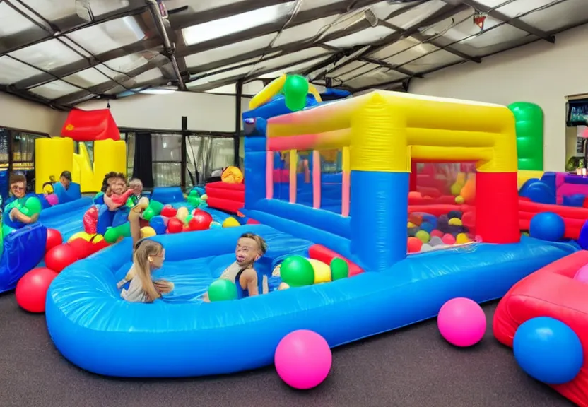 Image similar to A bouncy house with a ball pit and there is a black trampoline next to the ball pit inside a big empty room with light coming through windows