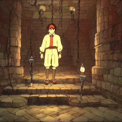 Prompt: a man holds a torch and explores a Dungeon, luminous, studio ghibli