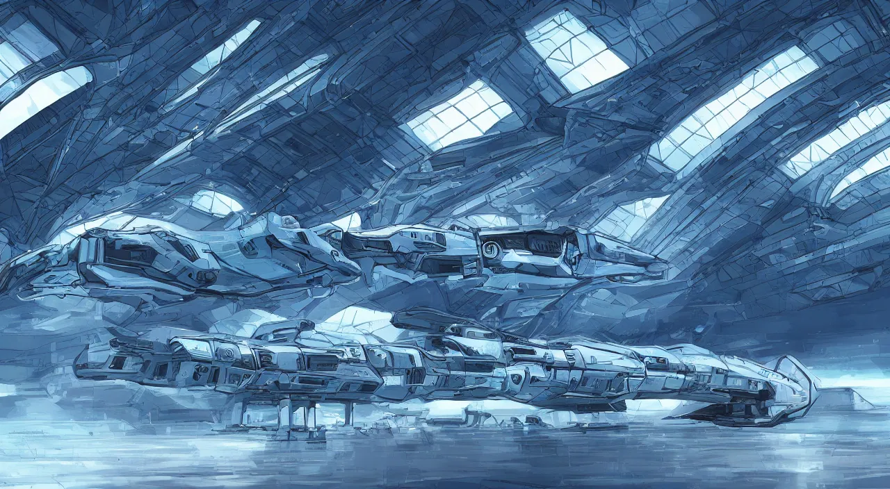 Image similar to digital illustration of a detailed spaceship in a hangar, sci fi, cold blue colors, trending on artstation