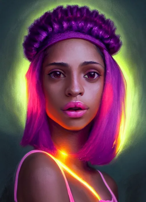 Image similar to portrait of teenage vanessa morgan with bright pink hair, black girl, curly pixie cut hair, wearing a purple breton cap, breton cap, hoop earrings, intricate, elegant, glowing lights, highly detailed, digital painting, artstation, concept art, smooth, sharp focus, illustration, art by wlop, mars ravelo and greg rutkowski