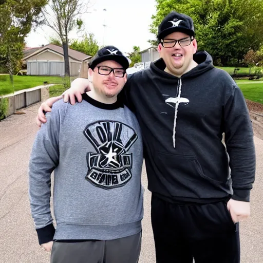 Image similar to Rocco Botte wearing gray sweatshirt and gray sweatpants and black/white Converse Chuck Taylors standing in a T-pose on a suburban residential street