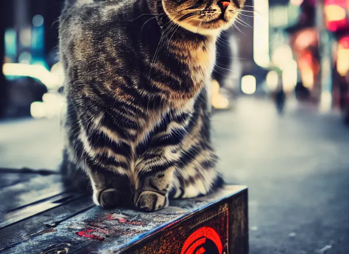 Image similar to photography of a Cat sitting on a box. in a cyberpunk street, award winning photo, colors, 100mm, sharp, high res
