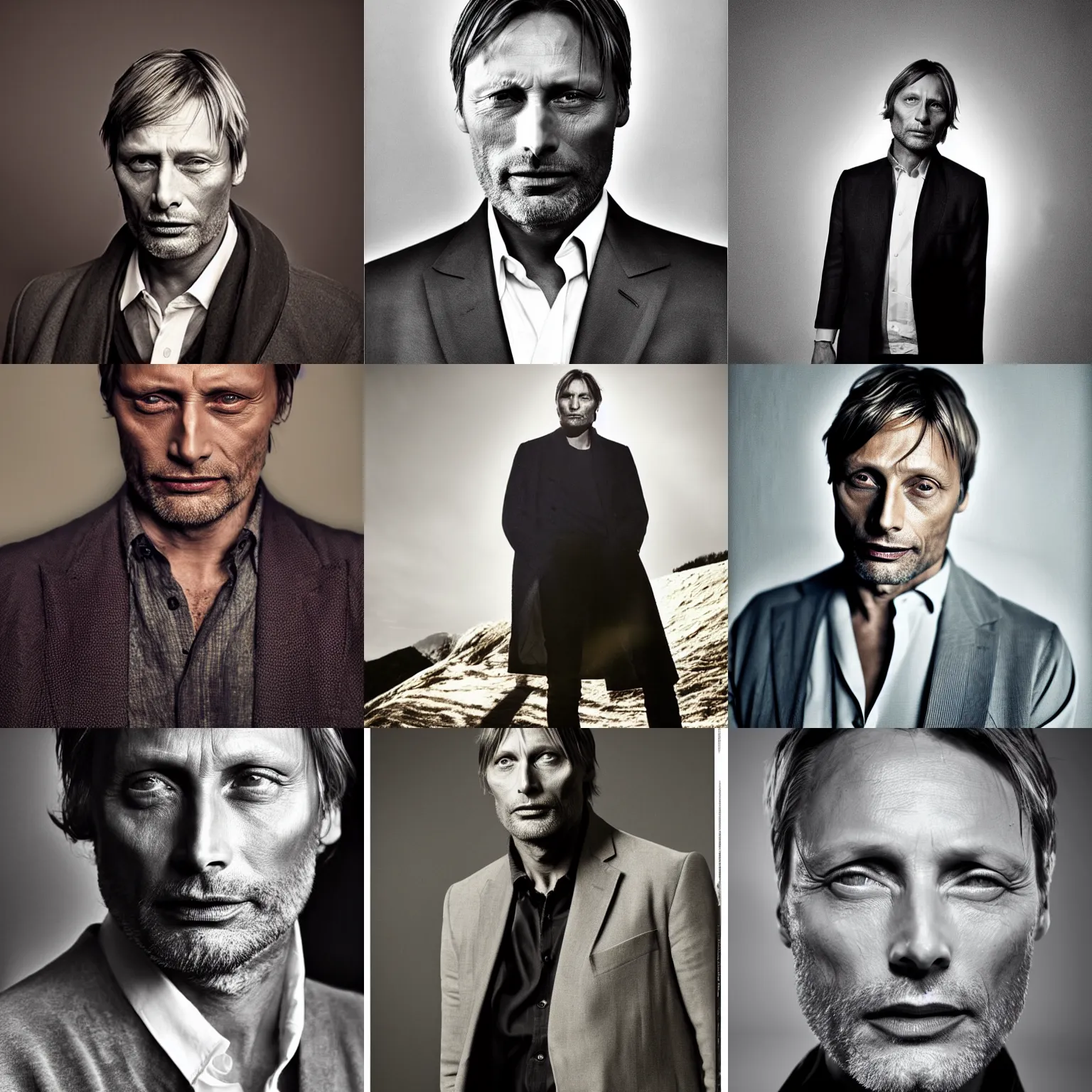 Prompt: the long portrait photo of mads mikkelsen using soft light fresnel, still from the photo shoot by andrzej dragan