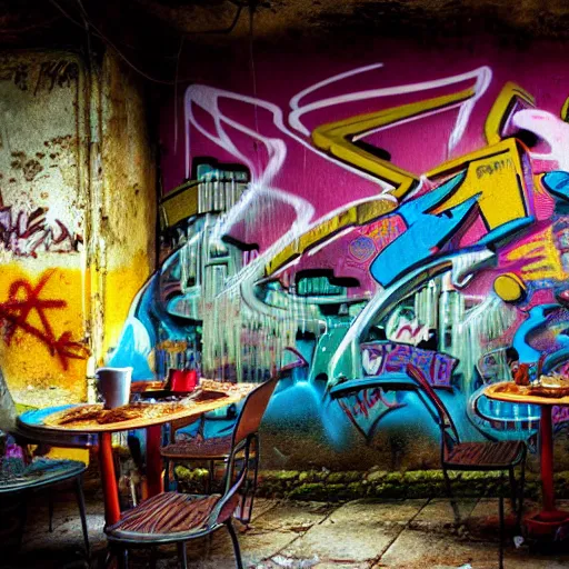 Image similar to breakfast at las pozas, graffiti on a wall, happy mood, cyberpunk, futuristic, technilogy, high detail, golden light, realistic