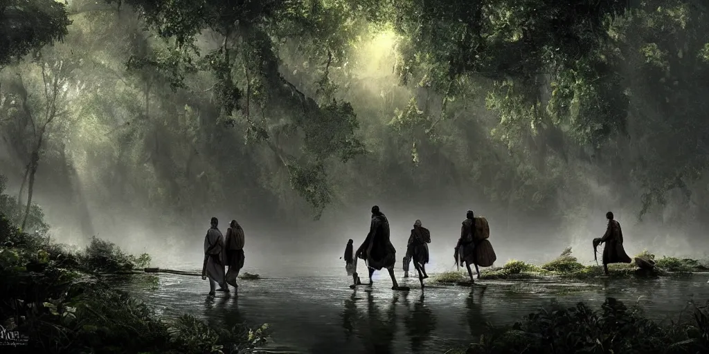 Image similar to muslim adventurers walking along the river bank in a kerala forest, an epic fantasy, dramatic lighting, cinematic, extremely high detail, photorealistic, cinematic lighting, matte painting, artstation, by Christopher Nolan, horizon forbidden west