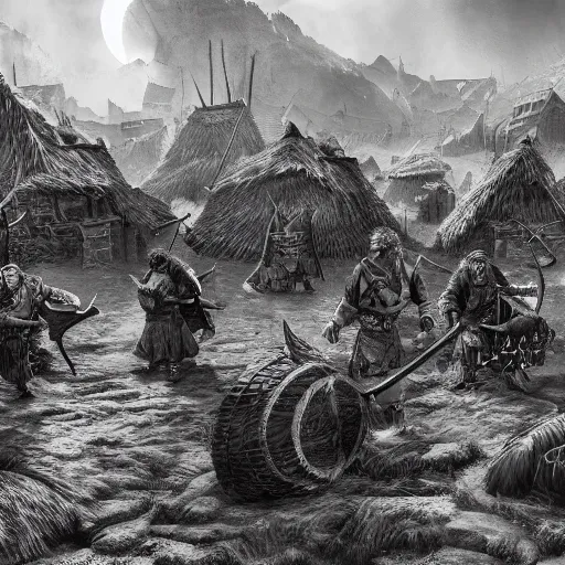 Prompt: vikings plunder the village and kill all the inhabitants, high detail of the environment and characters, detailing even the smallest particles and details, black and white style, 4 k, 8 k, trending on artstation, artstationhd, artstationhq