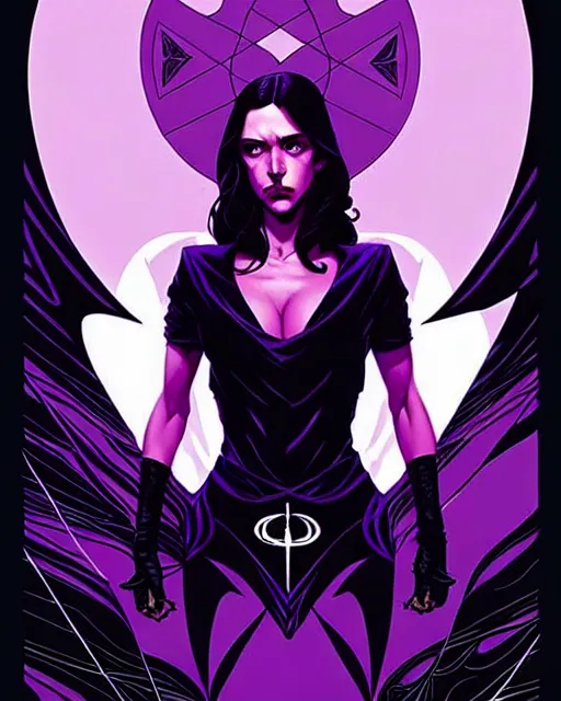 Image similar to rafael albuquerque comic cover art, artgerm, joshua middleton, pretty stella maeve witch doing black magic, serious look, purple dress, symmetrical eyes, symmetrical face, long black hair, full body, twisted evil dark forest in the background, cool colors