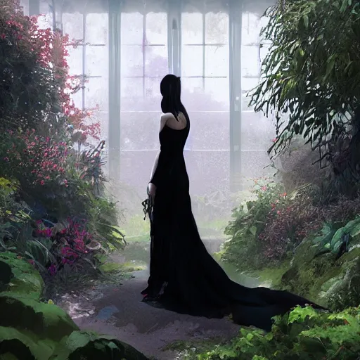 Image similar to a woman in a black dress standing in an elegant greenhouse garden, dramatic lighting, illustration by greg rutkowski, yoji shinkawa, 4 k, digital art, concept art, trending on artstation