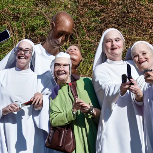 Image similar to group of nuns taking a selfie with a selfiestick, statue of david