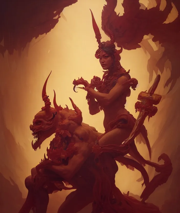 Image similar to excellent painted portrait of the grand demon tyrant, high quality masterpiece painted portrait, symmetry, 4k, trending on artstation, octane render, art by artgerm and greg rutkowski and alphonse mucha and craig mullins and James Jean and Andrei Riabovitchev and Marc Simonetti and peter mohrbacher