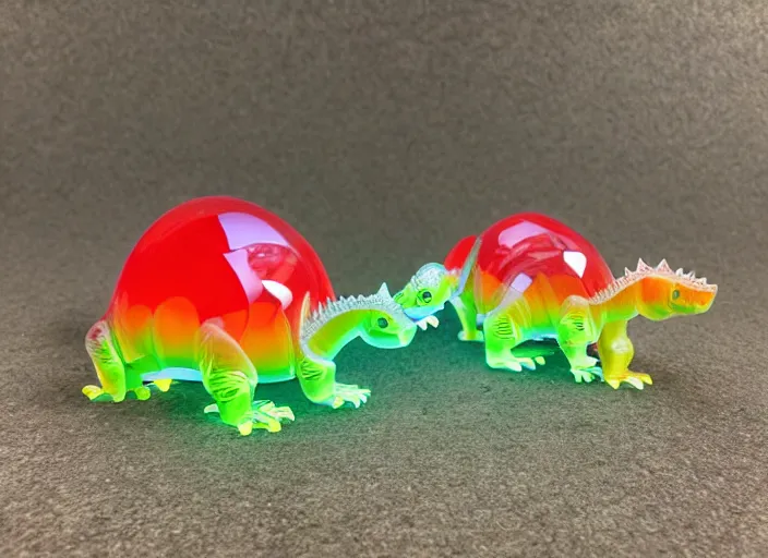 Image similar to photo of a translucent clear pixar 3 d style baby dinosaur stegosaurus, with symmetrical head and eyes, made out of clear plastic, but has red hypercolor glowing electric energy inside its body, and electricity flowing around the body. in the forest.. highly detailed. intricate design by pixar