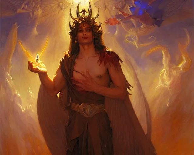 Image similar to attractive male deity, casting demonic magic, summoning handsome lucifer morning star. highly detailed painting by gaston bussiere, craig mullins, j. c. leyendecker 8 k