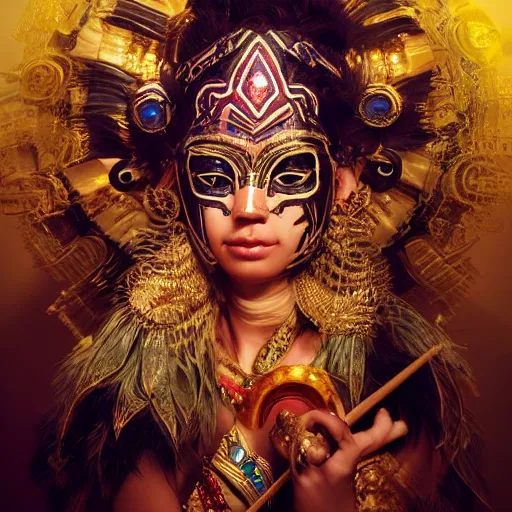 Image similar to the portrait, beautiful aztec masked female violinist, exotic costumes, gold jewelry, black hair ， illustration by wenjun lin, irakli nadar, bright colors, octopath traveler, wenjun lin, unreal engine 5 highly rendered, global illumination, radiant light, detailed and intricate environment