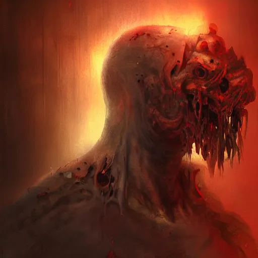 Prompt: portrait of a ghoul monster, feral, horrific, drawn by Ruan Jia, fantasy art, dramatic lighting, digital art,highly detailed