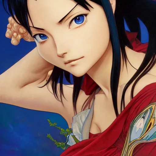 Image similar to highly detailed vfx portrait of nico robin by eiichiro oda!, makoto shinkai, alphonse mucha, sharp focus, art by artgerm and greg rutkowski!, backlit, harsh overhead sunlight, blue eyes!!, large aquiline nose!!, stanley kubrick, kaoru mori, best of behance,