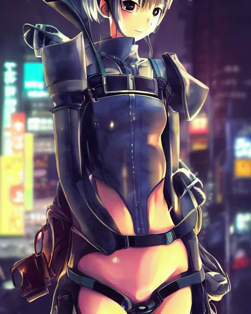 Image similar to full body image of anime girl in mechanic armor in night tokyo by makoto sinkai, perfect face, fine details