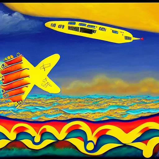 Prompt: A magical realism painting of a flying yellow submarine