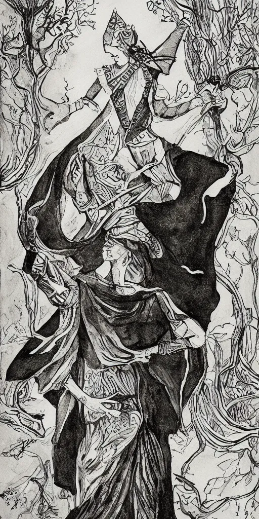 Image similar to the fool tarot, black and white watercolor painting