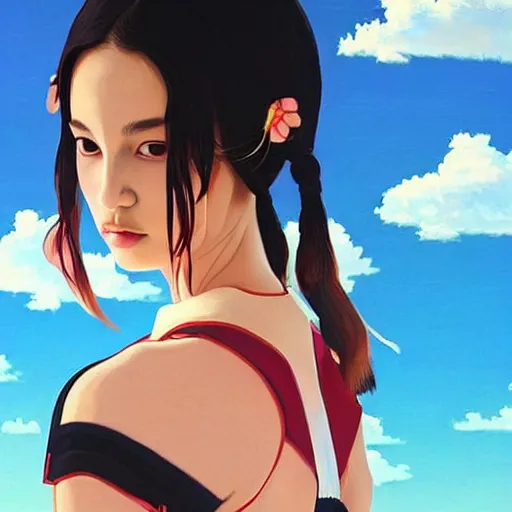 Image similar to a beautiful young japanese natalie portman alluring gravure model, stylized concept art, wearing elegant designer bomber jacket and one piece bikini, bomber jacket with mesoamerican patterns, mesoamerican native street fashion, princess mononoke, painted by ilya kuvshinov aesthetic, gorgeous, stunning, alluring, attractive, artstation, pinterest, digital art