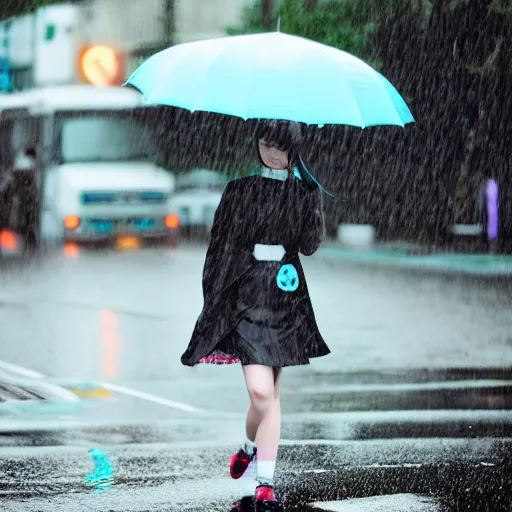 Image similar to hatsune miku walking down a rainy street, ef 8 5 mm f 1. usm