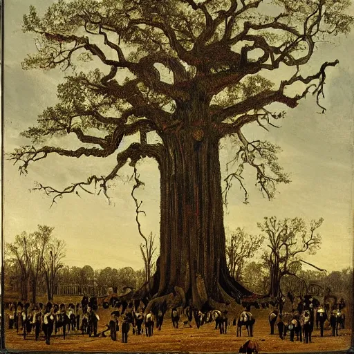 Image similar to huge tree with a lot of hanged bodies, southern gothic art, 1 9 th century scene, painted by friedrich caspar david