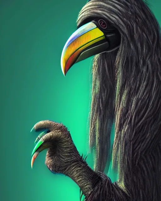 Prompt: realistic bipedal sloth character, long curly fur, full skull shaped face cover, mage robe based on a toucan, 6 toucan beaks, in the style of h. r. giger, stylized, video animation, hogwarts legacy, chromatic aberration, super natural, neon glow