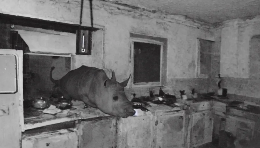 Image similar to a rhinoceros in a burning stalinist style kitchen, mini dv camera found footage, very very low quality picture, heavy grain, caught on security camera, heavy jpeg artifact, night vision very blurry, caught on trail cam, 1 4 4 p, ultra wide lens