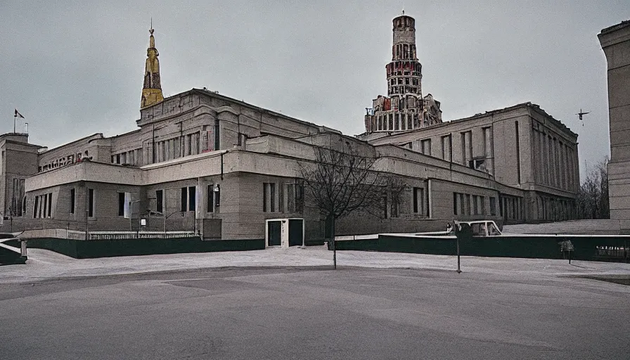 Image similar to 60s movie still of a sovietic museum stalinist style, cinestill 800t 10mm eastmancolor, liminal Space style, heavy grain, high quality, high details, panoramic