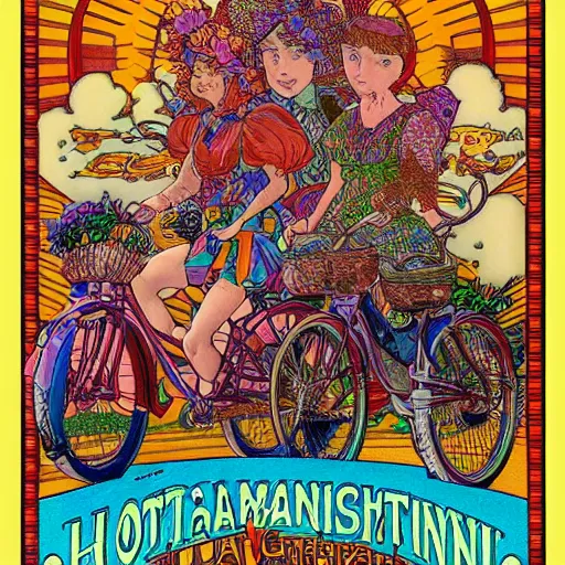 Image similar to hoffman bicycle trip, blotter art, in the style of robert crumb and lisa frank, studio ghibli, mucha, art nuevo, art deco, beautiful nature, serenity, cartoon, realistic, photograph, trending on artstation, vivid, surreal, beautiful, loving athmosphere