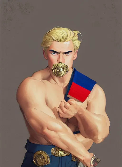 Prompt: massive blond athlete with mustache, he has a medal with french flag on it, art by studio ghibli and j. c. leyendecker and greg rutkowski and artgerm and ilya kuvshinov, portrait, d & d, fantasy, highly detailed, digital painting, headshot, trending on artstation, concept art, sharp focus, illustration