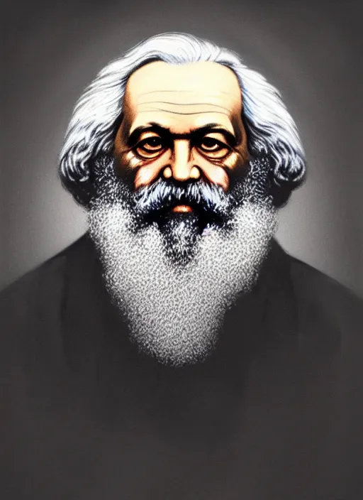 Image similar to a detailed full body painted portrait of karl marx by artist hadi karimi, wlop, artgerm, greg rutkowski, smirk expression, dramatic lowkey studio lighting, accurate skin textures, hyperrealism, aesthetically pleasing and harmonious vintage colors