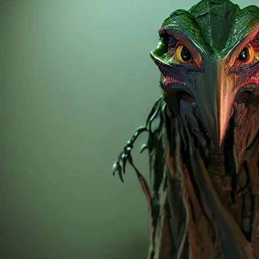 Image similar to evil skeksis from the dark crystal. dark undertones. volumetric lighting.