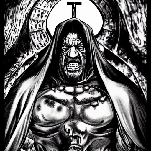 Image similar to Danny Trejo as church nun, dark fantasy, highly detailed, artstation, manga illustration by Kentaro Miura berserk