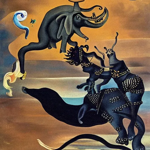 Prompt: a flying elephant with a wolf on it, doing acrobatics, dark black background, painted by salvador dalì