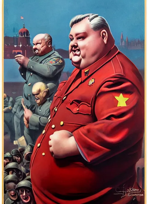Image similar to grimace ( obese purple guy ) on a soviet russian propaganda poster, illustration, airbrush, joseph stalin, detailed oil painting by greg rutkowski
