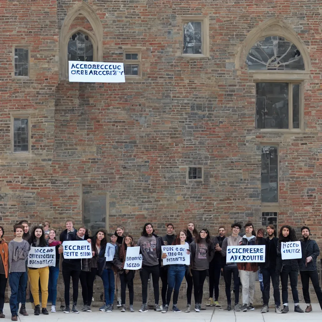 Prompt: a group of diverse students stand in front of the Cambridge architecture studio, holding a sign with the words ARCSOC 2022–23