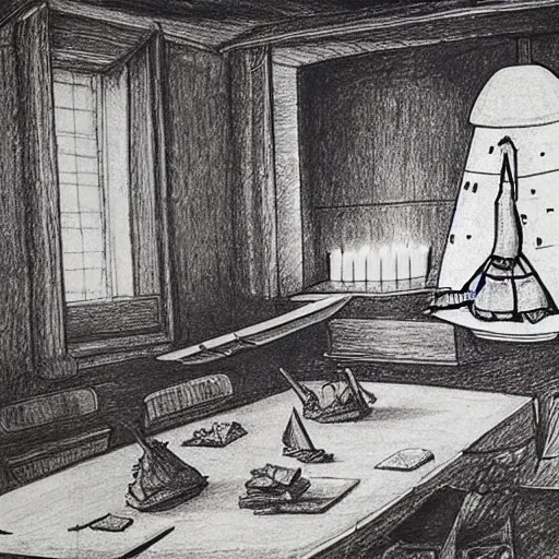 Prompt: drawings of the space shuttle scattered around on the table of leonardo da vinci, dark studio room, lonely, candlelight