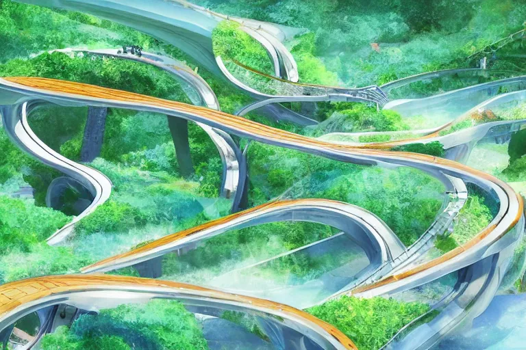 Prompt: an optimistic futuristic landscaped stream waterway with conveyor belts, overpasses bridges and contours - the main method of transportation people swim but some use the conveyor belts, pop motifs, by ghibli, cannabis leaf is currency