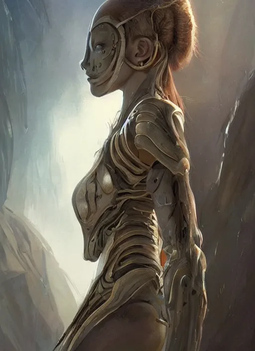 Image similar to a professional painting of a beautiful young female alien, clothed in ethereal armor, olive skin, long dark hair, beautiful bone structure, symmetrical facial features, intricate, elegant, digital painting, concept art, smooth, sharp focus, illustration, from Valerian and the City of a Thousand Planets, by Ruan Jia and Mandy Jurgens and Artgerm and William-Adolphe Bouguerea