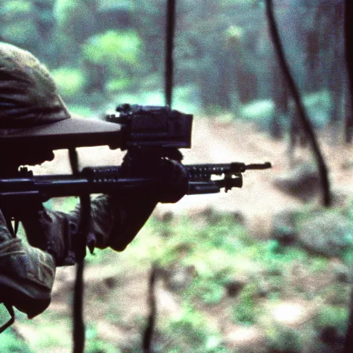 Prompt: film still, extreme far view, emma watson, jungle, vietnam door gunner, apocalypse now, associated press,, 2 6 mm, kodak ektachrome, blue tint expired film,