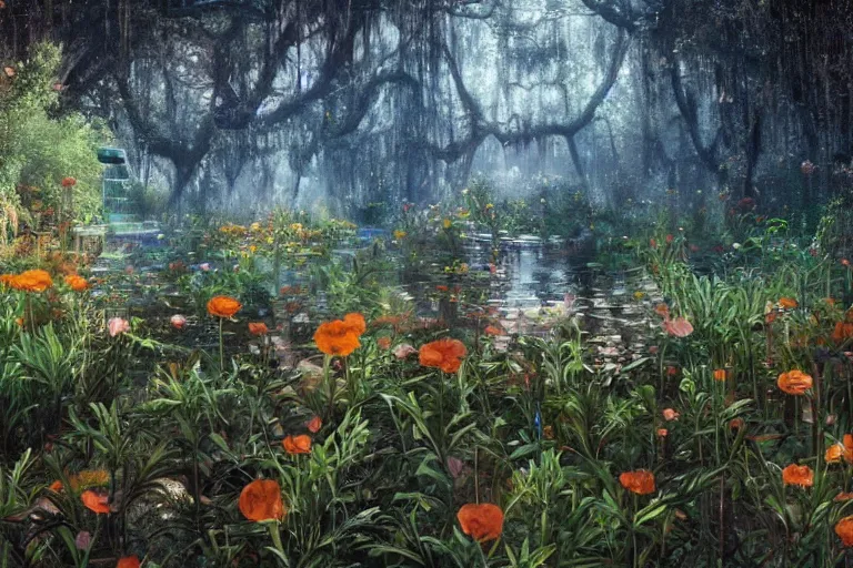 Image similar to hyperrealism, scene from starship, louisiana swamps, orange blooming flowers garden, true detective, 8 k, 8 0 s japanese sci - fi books art