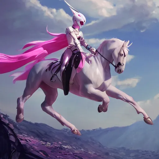 Image similar to a white horse as the pink power ranger in the style of makoto shinkai zhaoming wu, john collier, albert aublet, cedric peyravernay. sharp focus, semi - realism, intricate detail. unreal engine, octane rendering