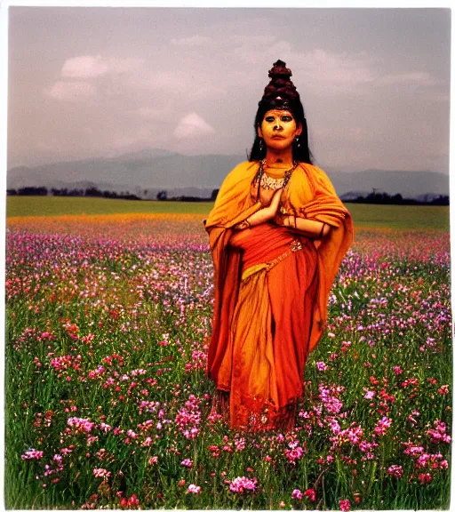 Image similar to hindu goddess standing looking at you at distance in beautiful meadow of flowers, film photo