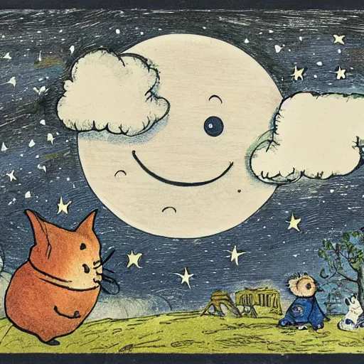 Image similar to night sky, stars, literally smiling moon with happy eyes prominently in the center, surrounded by clouds, landscape, illustrated by peggy fortnum and beatrix potter and sir john tenniel