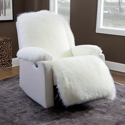 Image similar to a recliner covered in long white fur