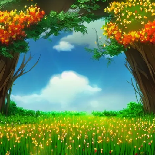 Prompt: flower forest background made by studoo ghibli, beautiful scene